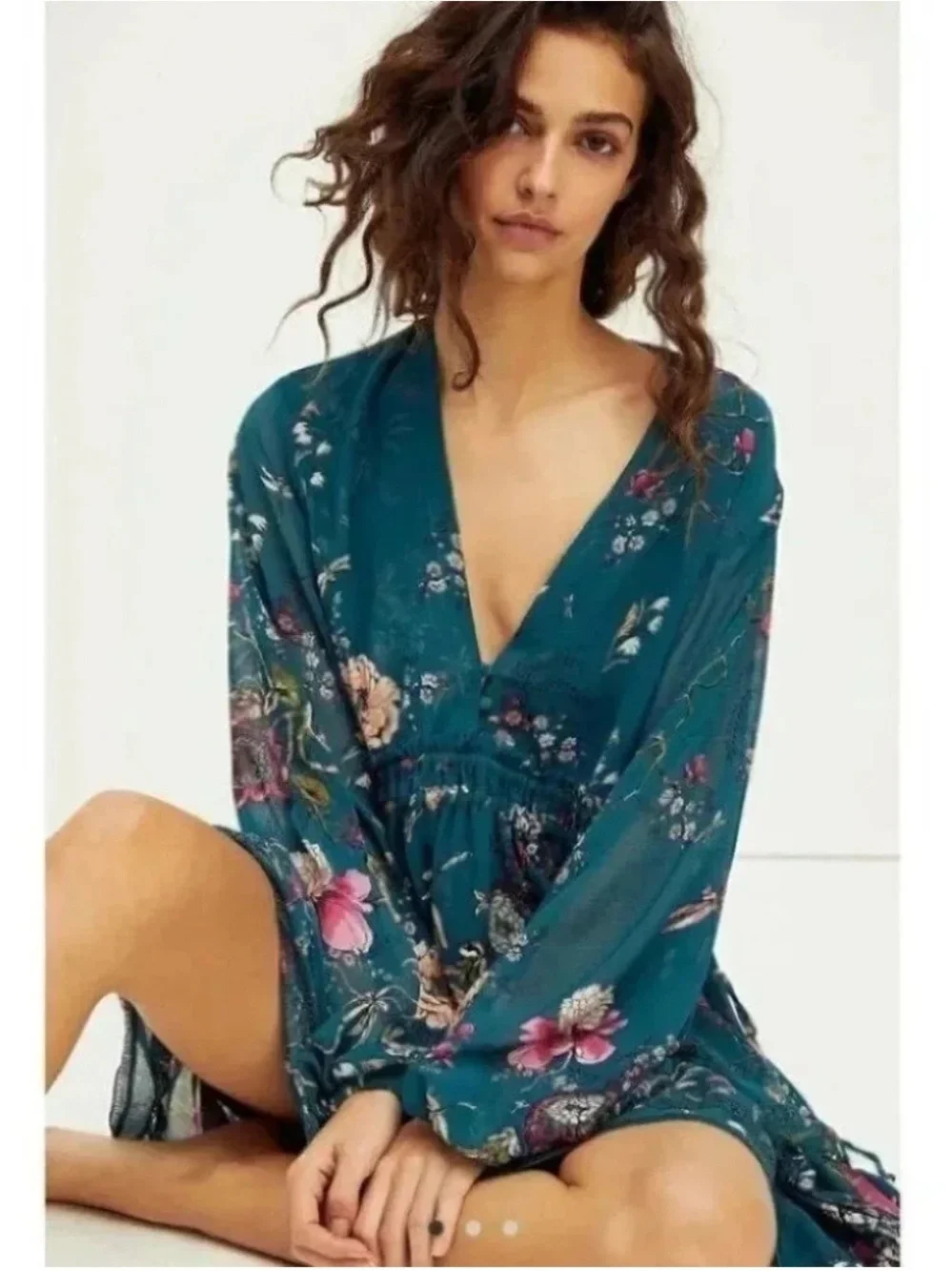 New Free People Cherry Blossom Long-Sleeve Printed Mini Dress Green Small